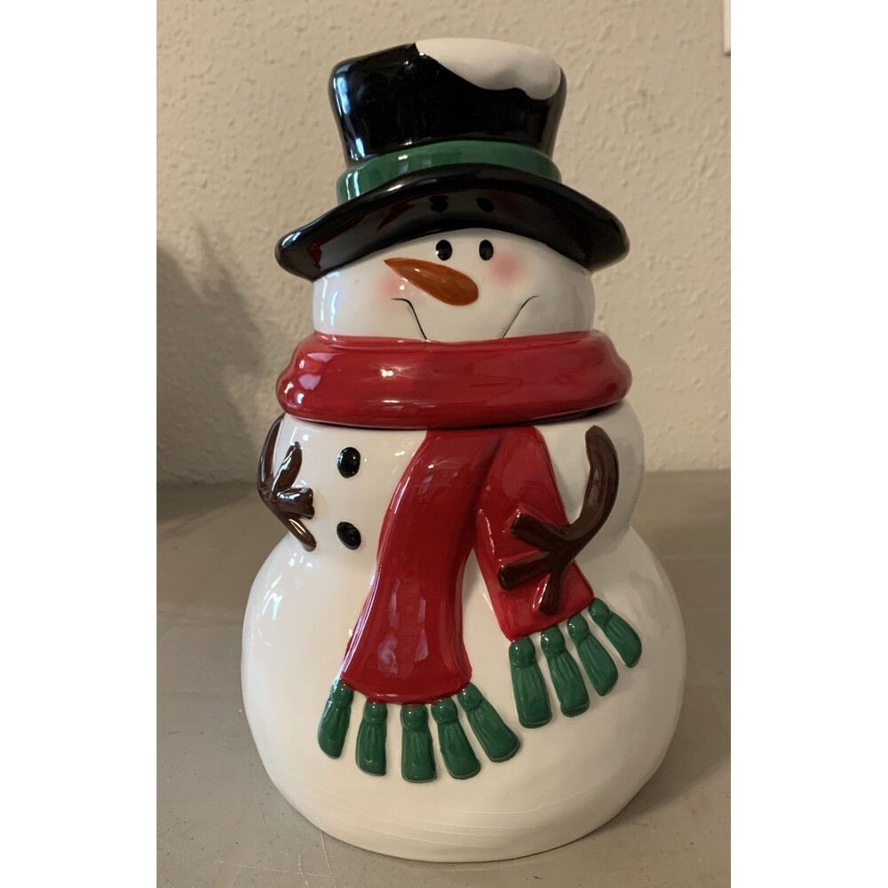 Vintage NOS Ceramic Snowman Cookie Jar W/ Red Scarf & Black Hat Christmas Winter